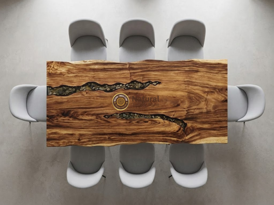 NTS002562 (2365-1010-48) – Live Edge Dining Table with Decorative Stones & Epoxy